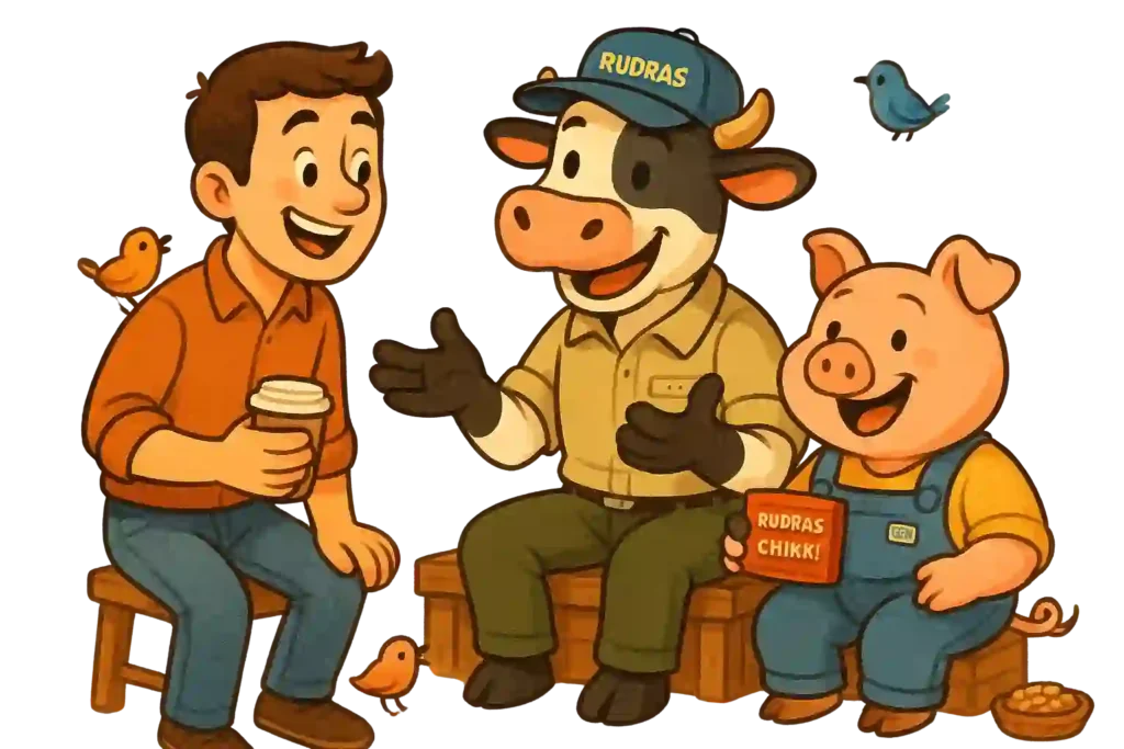 rudras chikki manufacuter cow and pigs are talking with the human in animation
