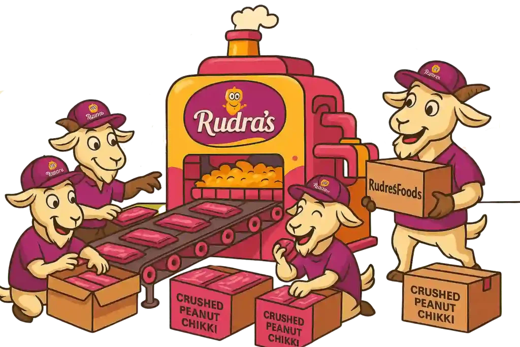Rudras goat charcters wearing dress like worker packing the chikks comes from the chikki machine