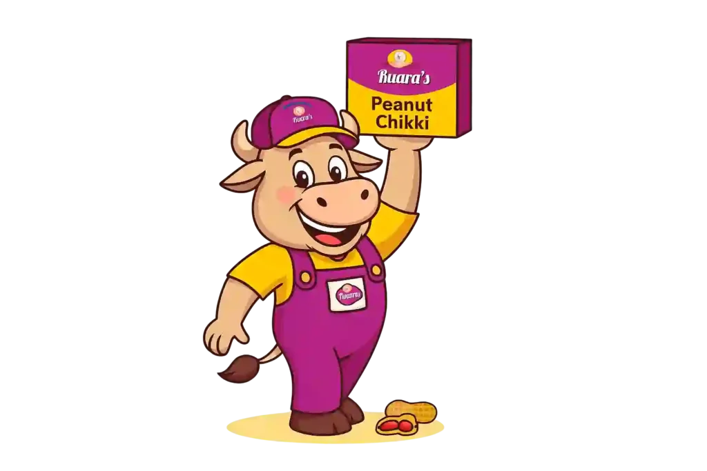 animated cow character carrying rudras peanut box