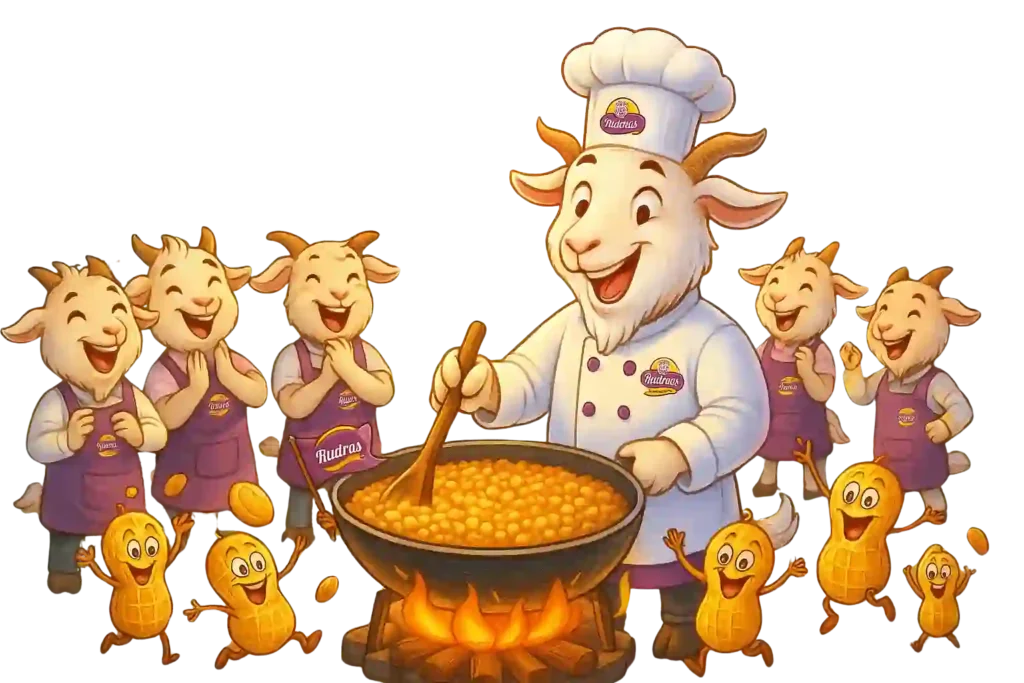 The goat chef of rudras cooking the crushed peanut chikki small goat charcters seeing the cooking happily