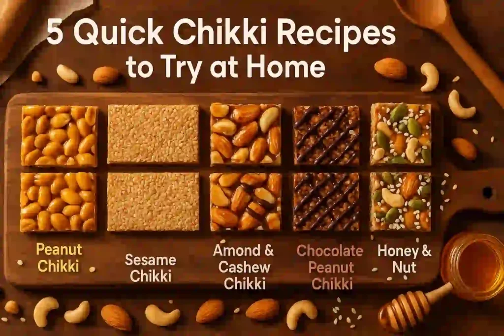 Assorted homemade chikki bars — peanut chikki, sesame chikki, almond cashew chikki, and chocolate chikki displayed on a wooden board — delicious and easy chikki recipe for home preparation.