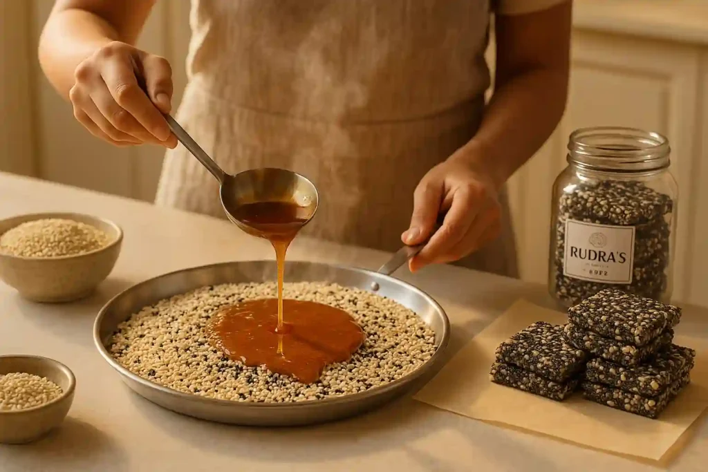 “Homemade white and black sesame chikki being prepared with molten jaggery in a warm kitchen setup, Rudra’s Foods sesame chikki brand logo visible on jar.”