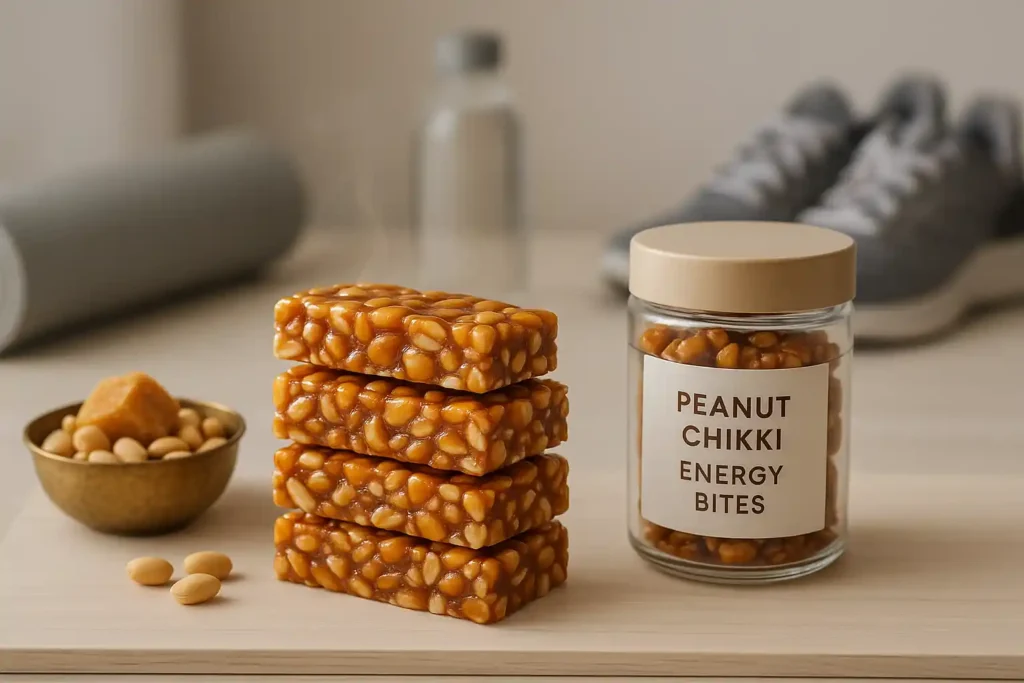 A stack of glossy peanut chikki bars beside a labeled jar of “Peanut Chikki Energy Bites,” styled on a wooden surface with peanuts and jaggery in a bowl, representing a modern healthy snack option.