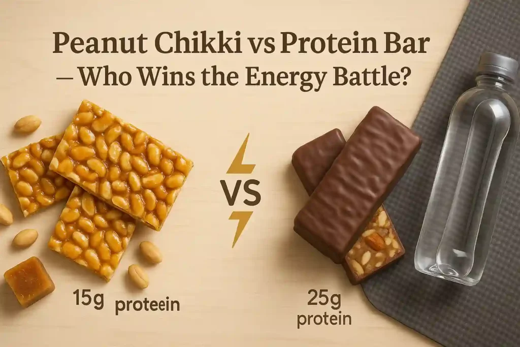 Featured image showing peanut chikki pieces on one side and protein bars on the other with the title “Peanut Chikki vs Protein Bar — Who Wins the Energy Battle?”, representing a healthy snack comparison between traditional jaggery sweets and modern fitness bars.