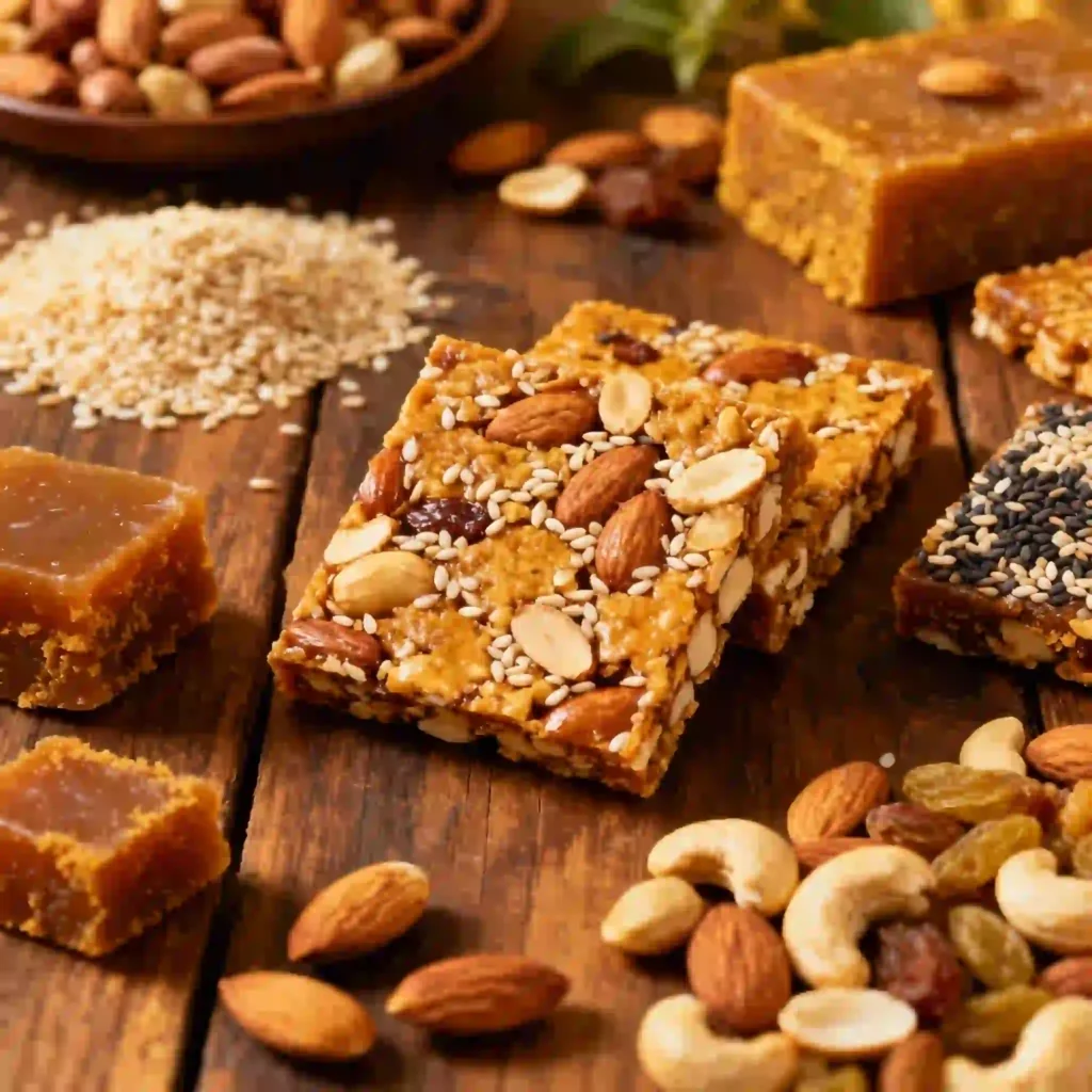 Assorted chikki varieties with almonds, cashews, peanuts, sesame seeds, and jaggery blocks arranged on a rustic wooden table