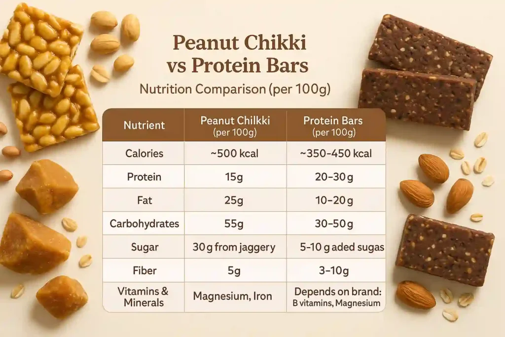 Nutritional comparison chart of peanut chikki and protein bars showing calories, protein, fat, carbs, sugar, and vitamins per 100g — highlighting that peanut chikki offers natural jaggery-based energy and protein from peanuts.