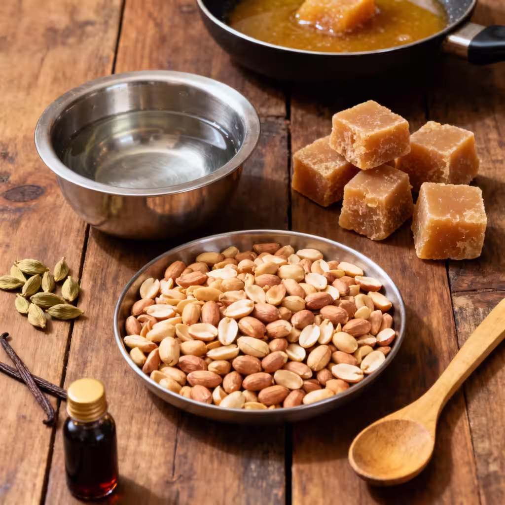 Top-down view of peanut chikki on a wooden plate with raw peanuts, jaggery chunks, and cardamom pods, featuring icons that highlight peanut chikki benefits like heart health, protein, and energy, all set in a warm rustic kitchen atmosphere