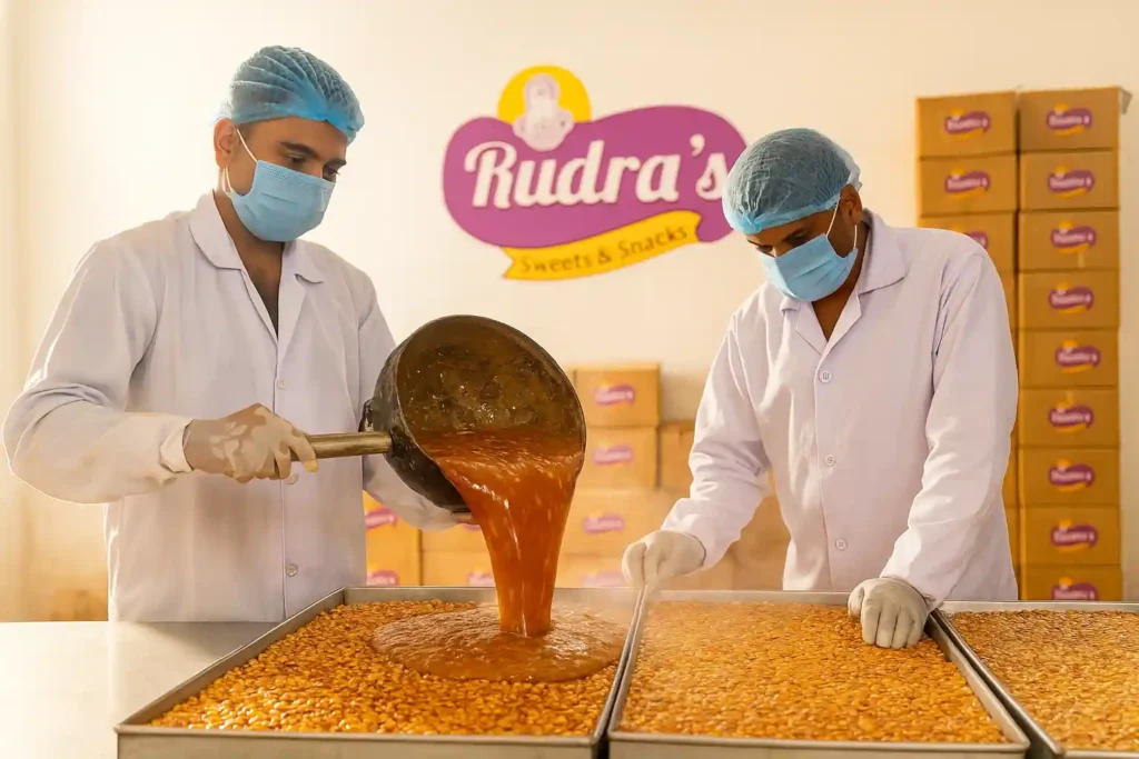 Rudra’s Foods, a trusted peanut chikki brand, factory workers preparing peanut chikki using molten jaggery and roasted peanuts under a hygienic setup with Rudra’s branding visible