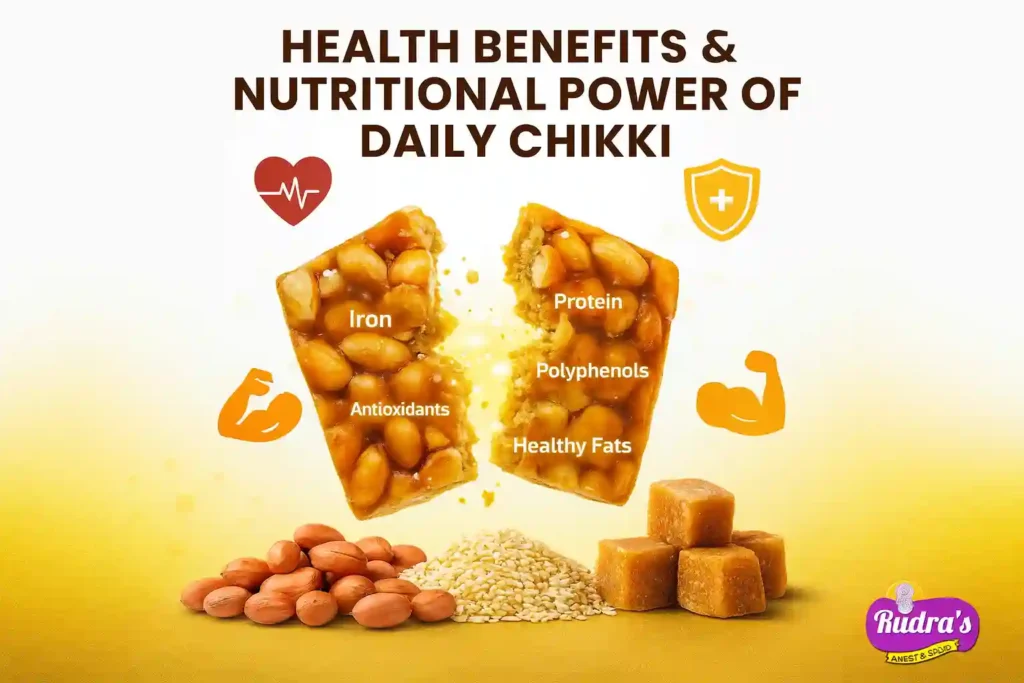 Infographic-style image of peanut chikki breaking apart with glowing nutrient particles like polyphenols, antioxidants, iron, and protein, highlighting benefits when you eat chikki every day