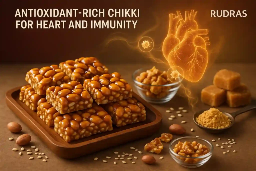 Close-up of golden-brown peanut chikki rich in polyphenols and antioxidants, symbolizing heart health and immunity support,
