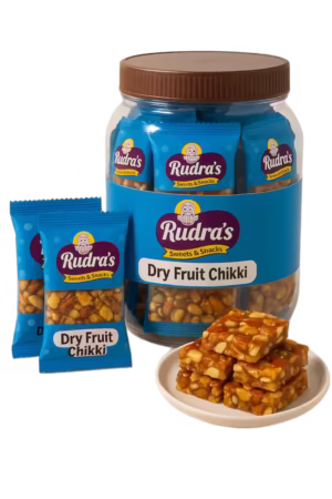 rudras dryfruit chikki jar with two nsmall and bowl of chikki pieces front view