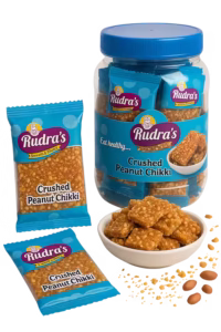 rudras crushed peanut chikki packed jar and plaste and pieces of chikkis