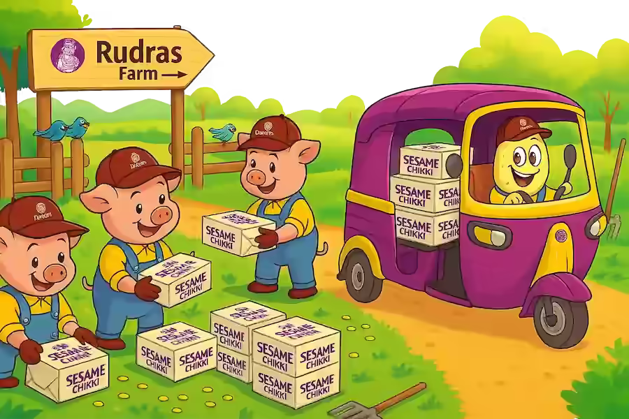 animated small pig characters are working rudras factory to loading the manufactured chikki packets and jars