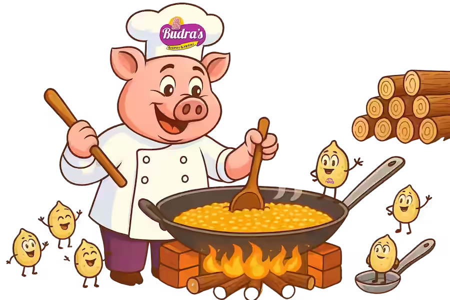 rudras pig charcter chef making sesame chikki with the help of small peanut and sesame charcters