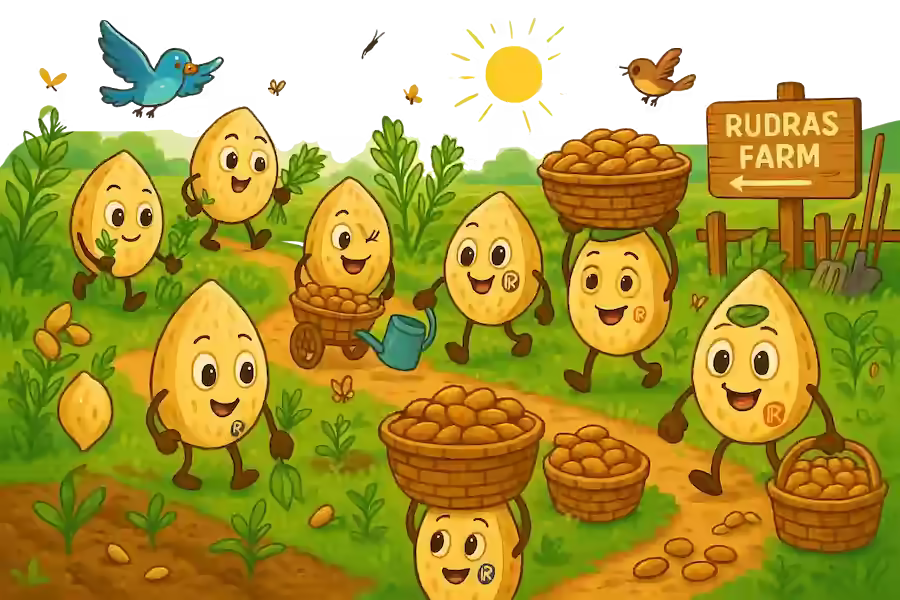 animated small peanut charcters working in agriculture land to harvest the sesame seeds and peanuts
