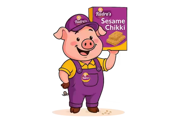 the animated pig charcter showing the rudras packed sesame chikki box
