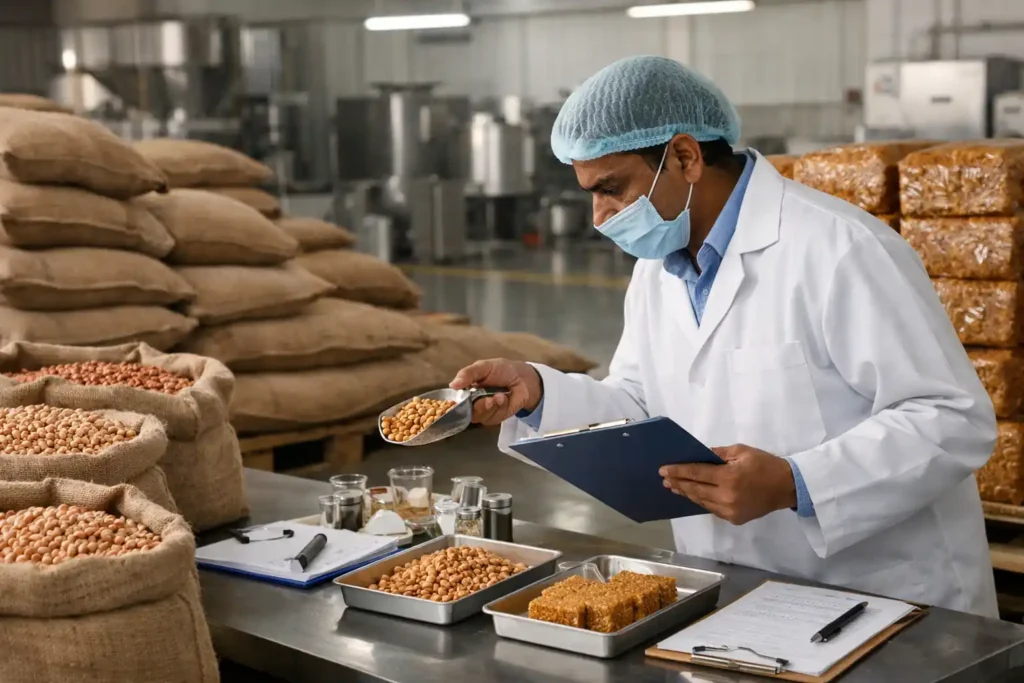 Food manufacturing professional inspecting peanuts as part of raw material sourcing and quality control inside a factory.