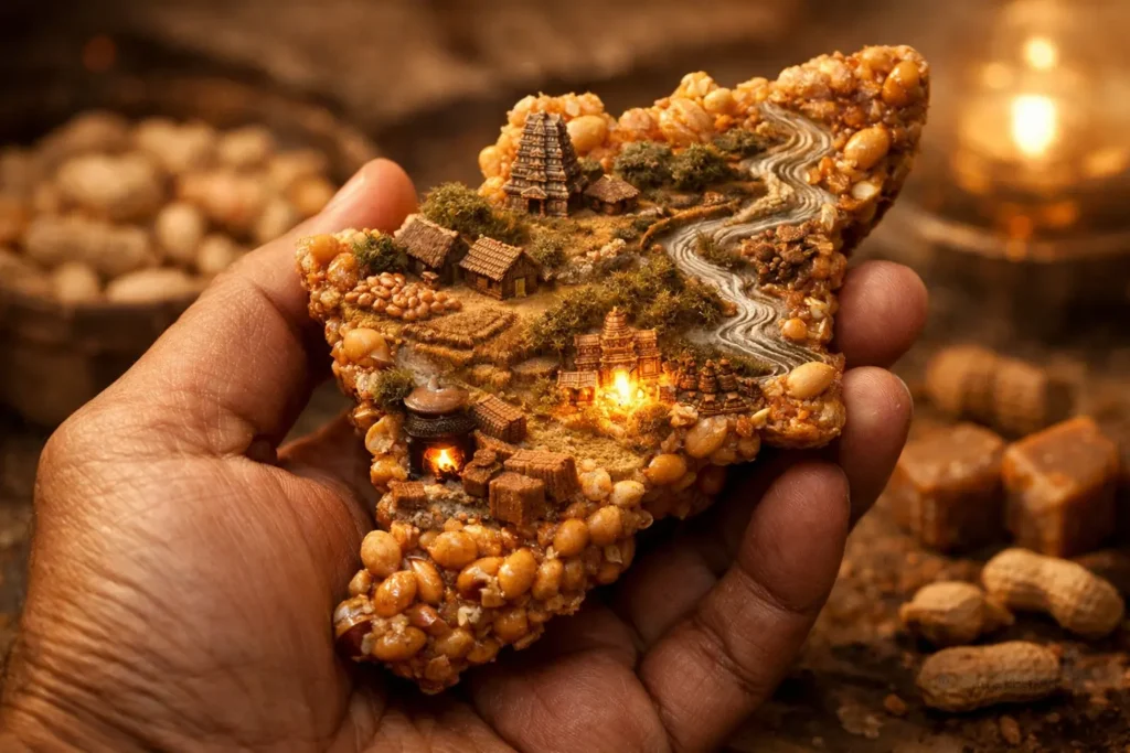 Kovilpatti kadalai mittai shaped like Tamil Nadu, showing traditional temples, village life, and Thamirabarani river carved into a peanut jaggery sweet, symbolizing the heritage and pride of Tamil Nadu