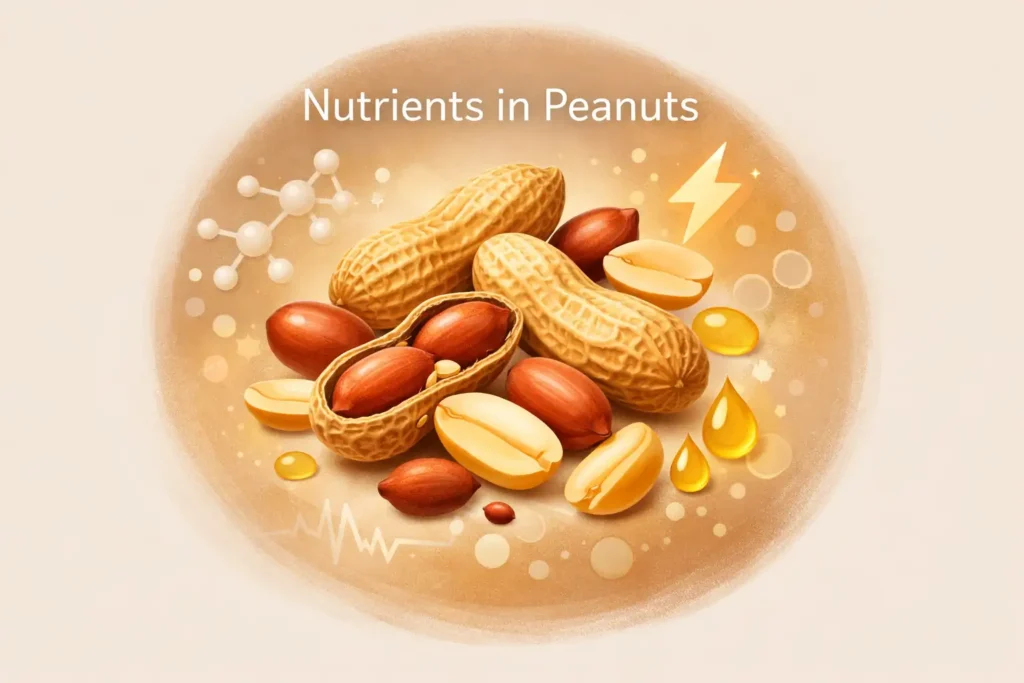 Visual illustration explaining nutrients in peanuts with symbols representing protein, healthy fats, and energy