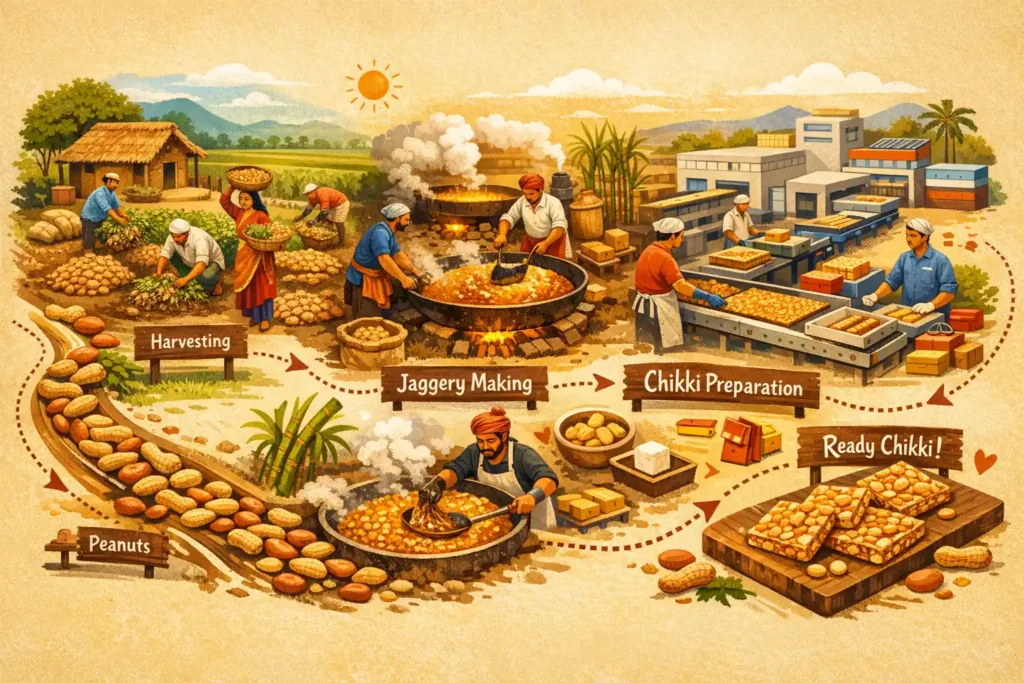 Visual infographic explaining what is peanut chikki, showing farmers harvesting groundnuts, jaggery cooking, chikki preparation process, factory production, and the final peanut chikki sweets.