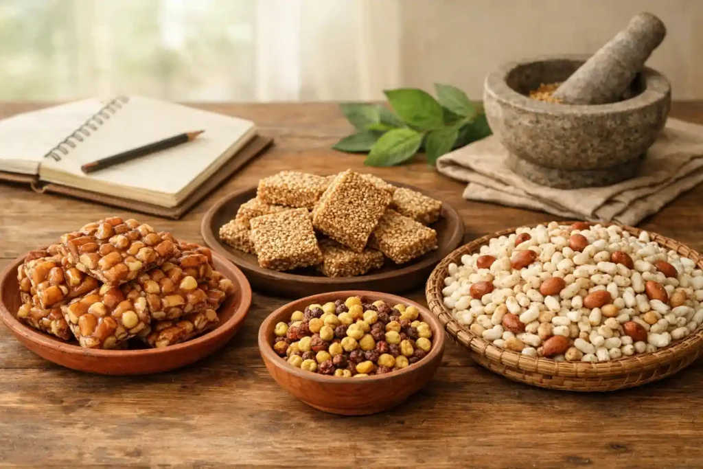 Traditional healthy snacks including peanut chikki, sesame chikki, roasted Bengal gram, and puffed rice prepared using simple, traditional methods