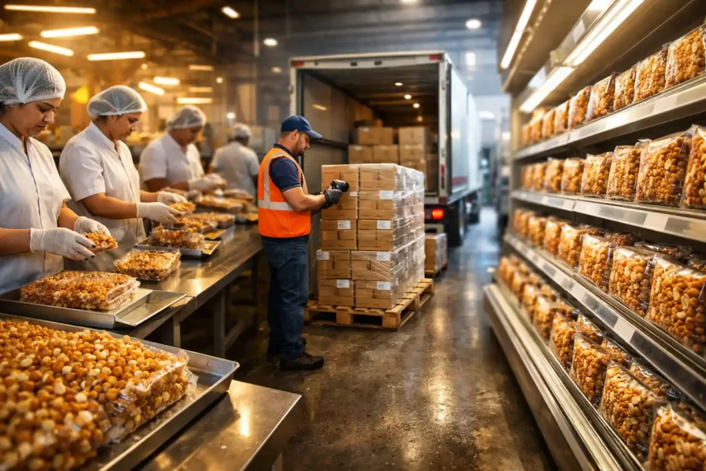 Chikki delivery process showing factory packing, dispatch loading, transport truck and retail shelf supply chain flow