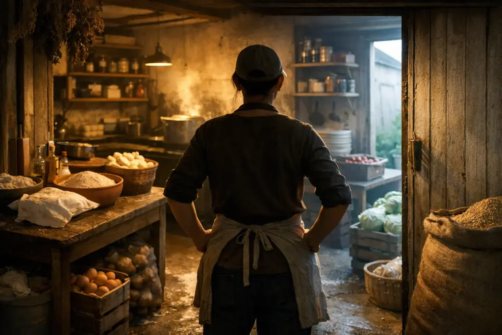 A person standing in a traditional food preparation space, looking toward a working kitchen with raw ingredients and cooking vessels, representing reflection before starting manufacturing