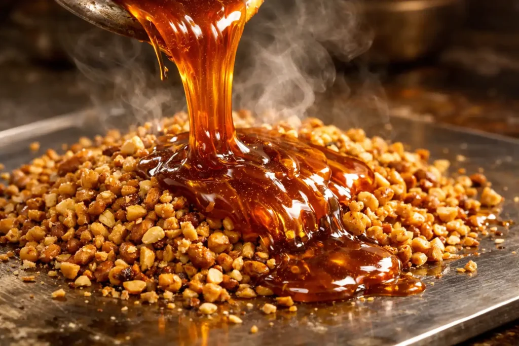 Action shot showing how to make crushed peanut chikki with hot jaggery syrup poured over coarsely crushed roasted peanuts on a steel surface