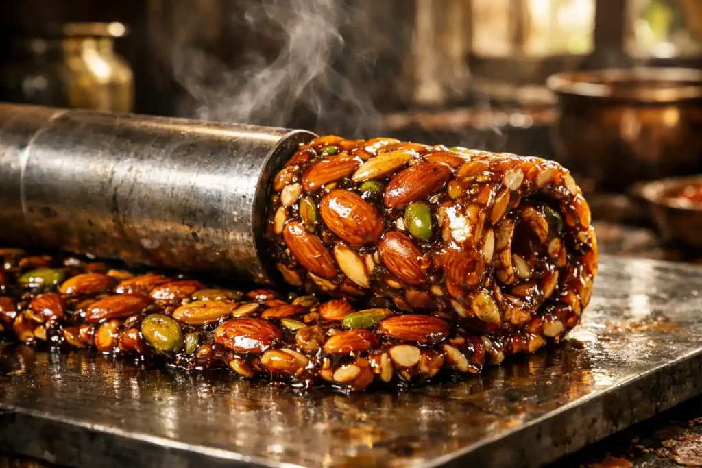 Artistic split-scene showing homemade dry fruit chikki preparation in a traditional Indian kitchen connected to a modern factory production line with flowing golden jaggery syrup