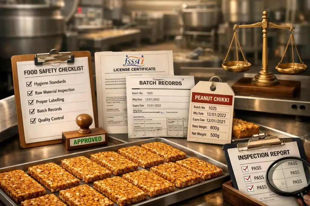 Food safety rules in chikki manufacturing illustrated through peanut chikki slabs, FSSAI license certificate, batch records, inspection checklist, and compliance documents inside a hygienic food factory.