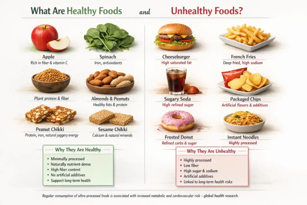 Healthy food and unhealthy food chart showing side-by-side comparison with images of apple, spinach, lentils, almonds, peanut chikki (kadalai mittai), sesame chikki versus cheeseburger, fries, soda, packaged chips, donut, and instant noodles, highlighting nutrients, processing level, and health impact differences.