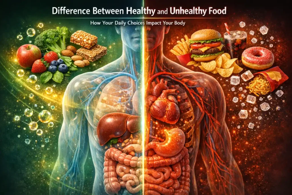 Healthy food and unhealthy food comparison image showing split human body with healthy organs and glowing liver on one side with fruits, vegetables, nuts and chikki, and damaged inflamed organs on the other side with burger, fries, soda and processed foods, illustrating the difference between healthy food and unhealthy food impact on the body.