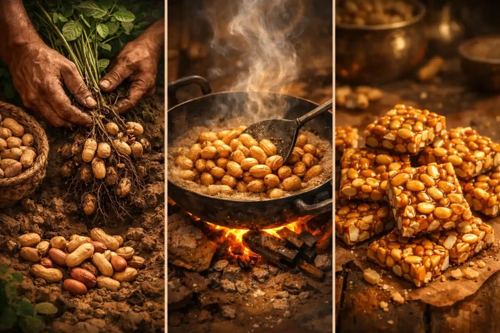 Illustration showing the journey of a peanut from farm soil to dry roasting in a traditional iron kadai and finally becoming golden peanut chikki, highlighting Indian food tradition.