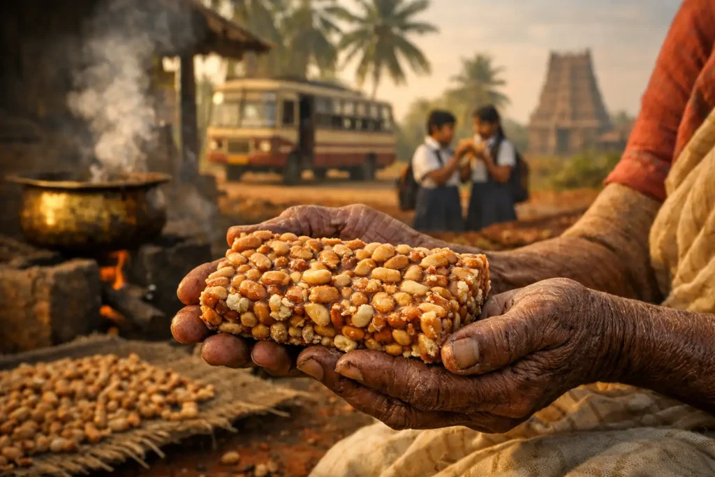 Elderly Tamil woman holding handmade kadalai mittai in a rural Tamil Nadu setting, with traditional firewood stove, jaggery preparation, peanuts, village life, and temple backdrop reflecting the cultural history and tradition of kadalai mittai.