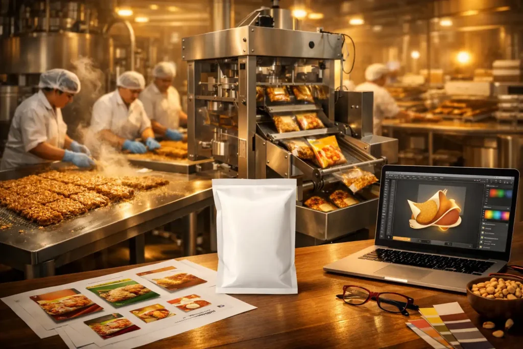 OEM and private label food manufacturing process inside a modern snack factory with packaging line and custom branding design