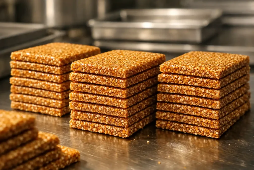 Sesame chikki manufacturing tips illustrated through neatly stacked sesame chikki slabs with uniform thickness on a hygienic stainless steel factory surface