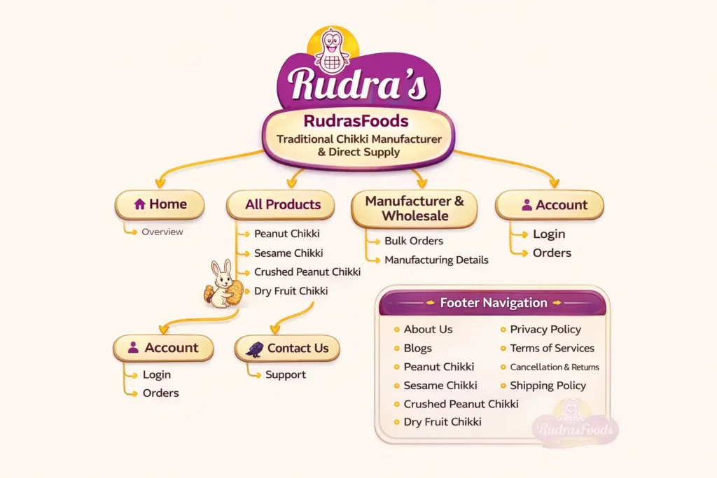 RudrasFoods website mindmap showing structured navigation from the main brand node to header menu items like Home, All Products with peanut chikki, sesame chikki, crushed peanut chikki and dry fruit chikki, manufacturer and wholesale section, account and contact pages, along with footer links including about us, blogs, product pages, privacy policy, shipping policy, and customer support pages