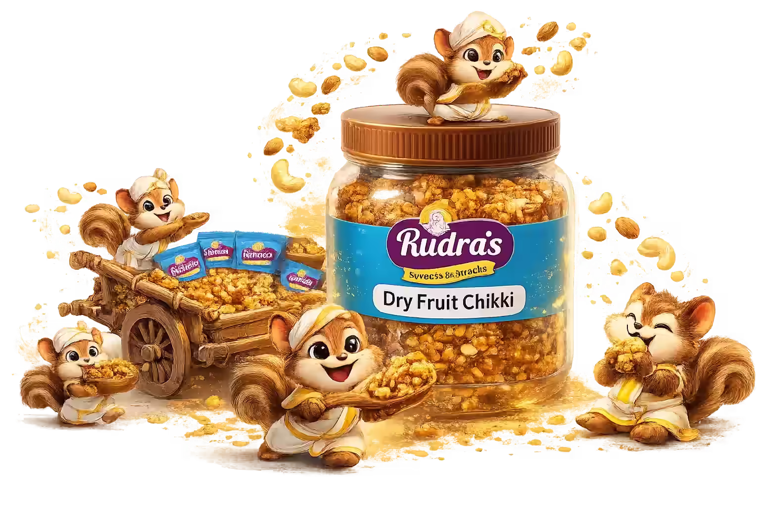 RudrasFoods dry fruit chikki jar surrounded by cute animated squirrel characters in traditional South Indian attire, carrying and enjoying pieces of chikki with a wooden cart filled with chikki packets, showcasing rich cashew and almond texture with jaggery in a playful and traditional setting.