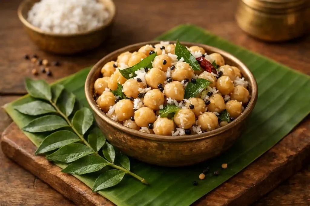 South Indian chickpea sundal prepared with coconut and curry leaves