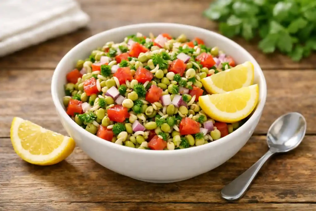 Fresh sprouts salad with vegetables and lemon served in a bowl