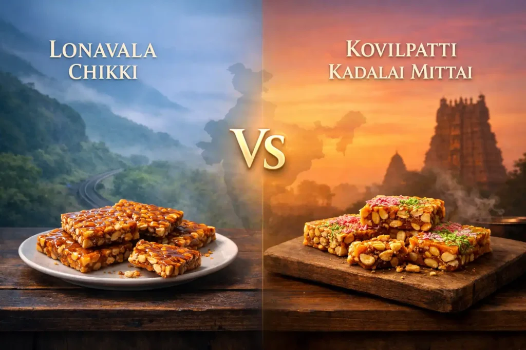 Split cinematic image showing Lonavala Chikki from Maharashtra and Kovilpatti Kadalai Mittai from Tamil Nadu representing their sweet rivalry with hill station and temple backgrounds.