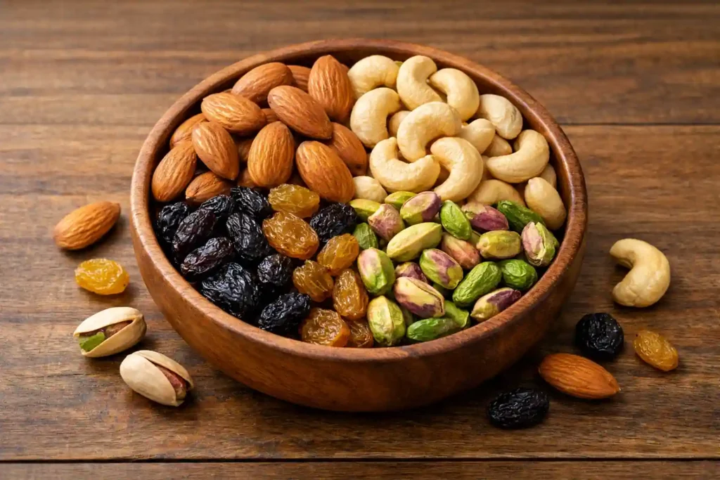 Mixed dry fruits including almonds, cashews, pistachios and raisins in a bowl