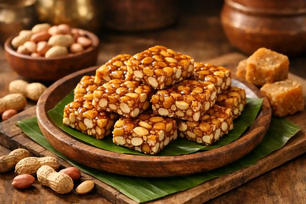 Crunchy peanut chikki made with roasted peanuts and jaggery, a traditional Indian sweet snack shown in small bowl
