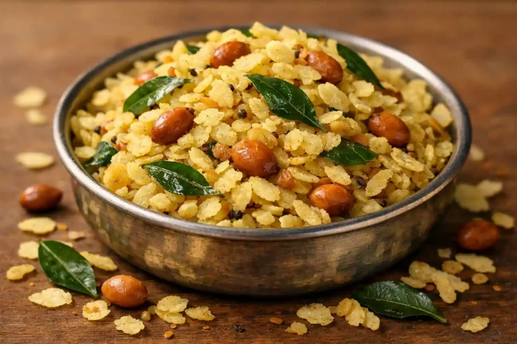 Poha chivda mixture with flattened rice, peanuts and curry leaves