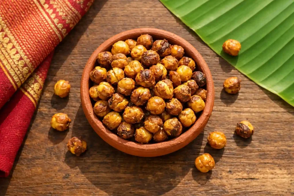 Roasted chana served in a bowl, a simple protein rich snack made from chickpeas