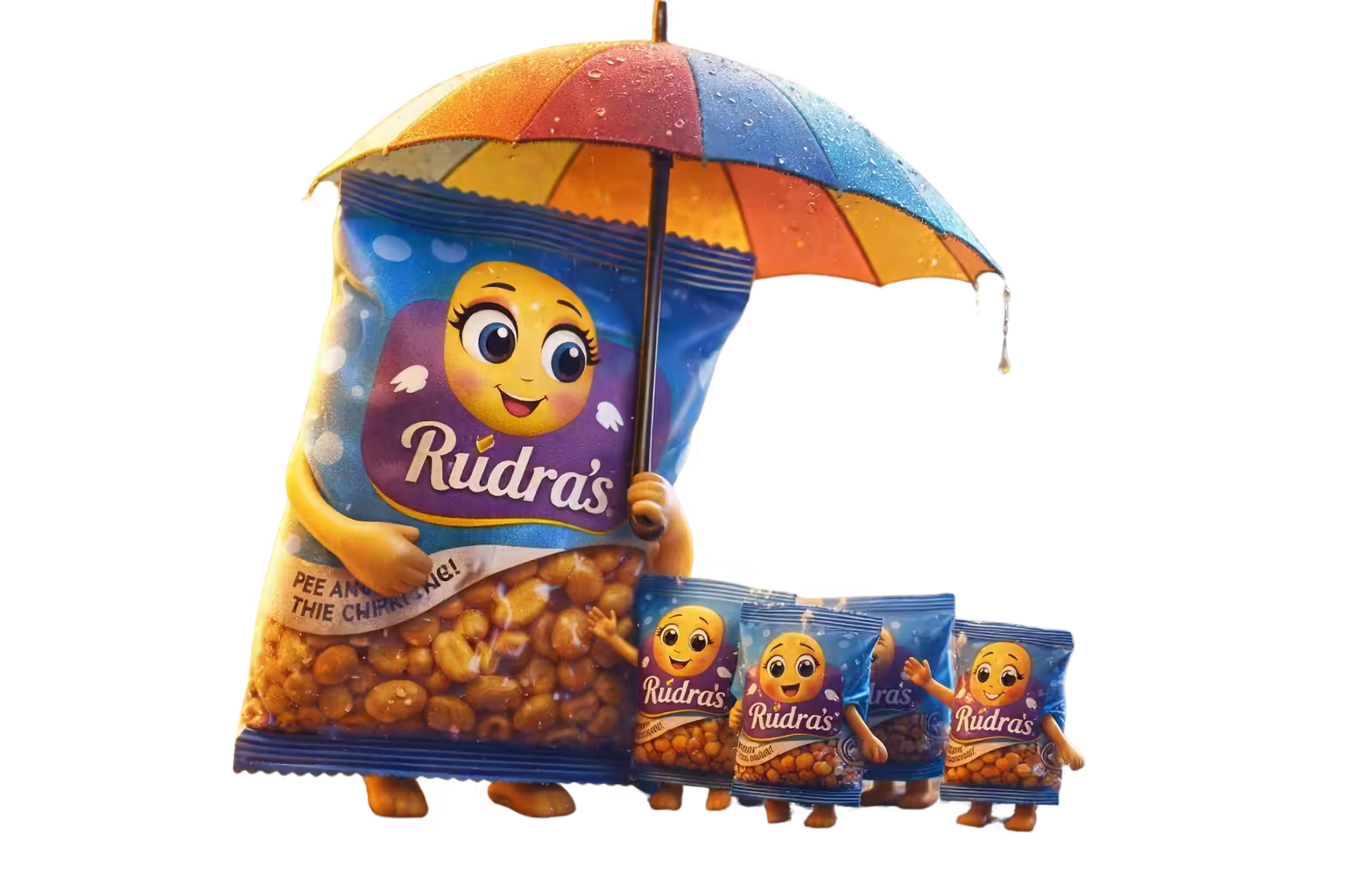Illustration of RudrasFoods peanut chikki packet as a caring mother character holding an umbrella and protecting smaller chikki packet children in the rain, showing warmth, safety, and traditional homemade care, with one playful child reaching out to touch the rain while others stay protected under the umbrella.