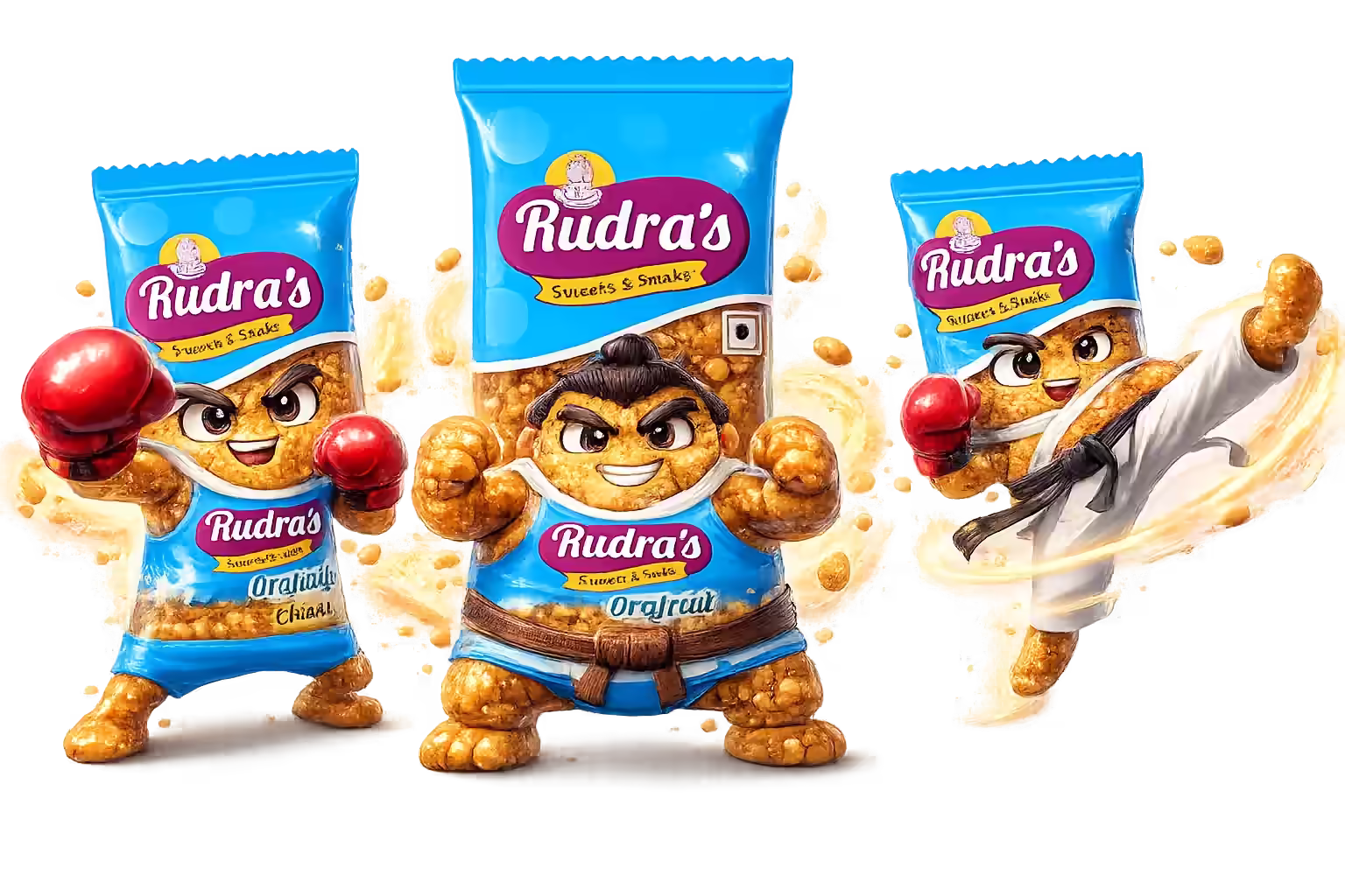 RudrasFoods crushed peanut chikki illustrated as three animated fighter characters, including a boxer with red gloves, a sumo wrestler, and a martial artist, showcasing energy, strength, and agility. The chikki packets feature visible jaggery-coated crushed peanuts with expressive faces and dynamic poses, representing a traditional South Indian snack made using peanuts and jaggery.