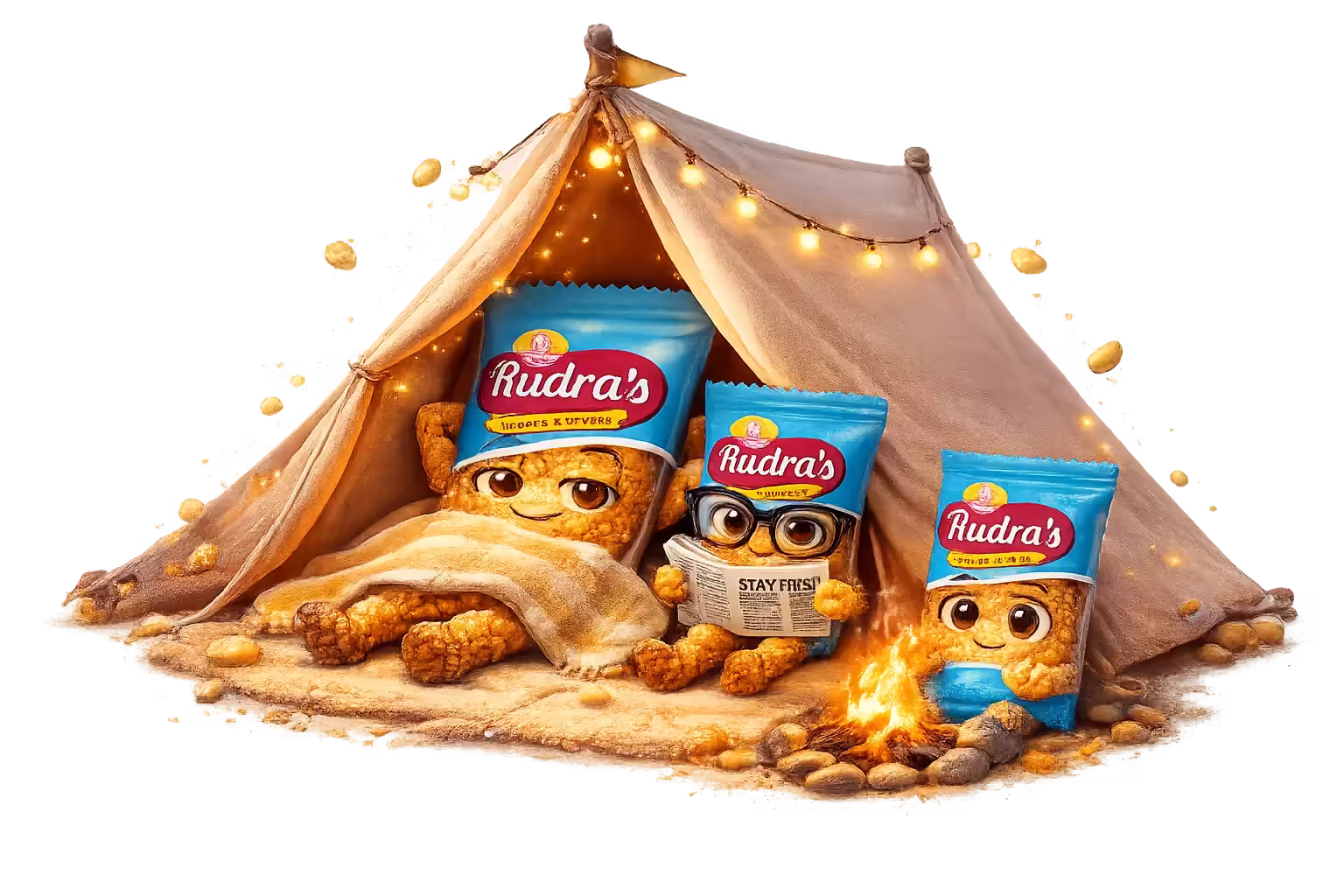 RudrasFoods crushed peanut chikki packets illustrated as cute animated characters resting inside a small tent, symbolizing proper storage and freshness. One packet is lying comfortably under a blanket, another is reading a newspaper, and the third is sitting near a small campfire. The characters have expressive eyes and jaggery-textured arms and legs, surrounded by peanuts and warm lighting, representing safe storage in a cool, dry place to maintain crunch and quality.