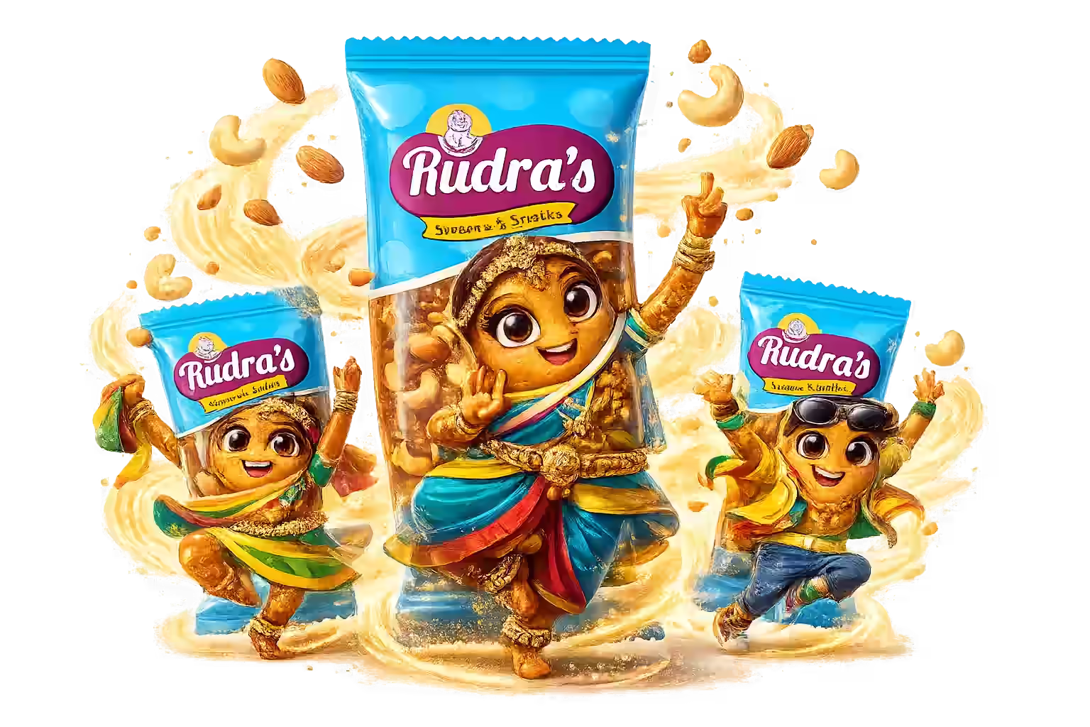 RudrasFoods dry fruit chikki packets illustrated as animated characters performing energetic dance poses in traditional and modern styles, surrounded by floating cashews and almonds, representing natural energy, nutrition, and the rich jaggery-based South Indian sweet.