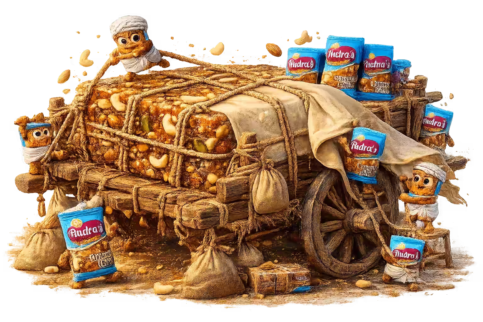 RudrasFoods dry fruit chikki large slab being packed and secured on a traditional wooden bullock cart by animated chikki packet characters with expressive eyes and sticky hands, using ropes and cloth covering, surrounded by small packets and dry fruits like cashews and almonds, representing traditional storage, careful handling, and freshness.